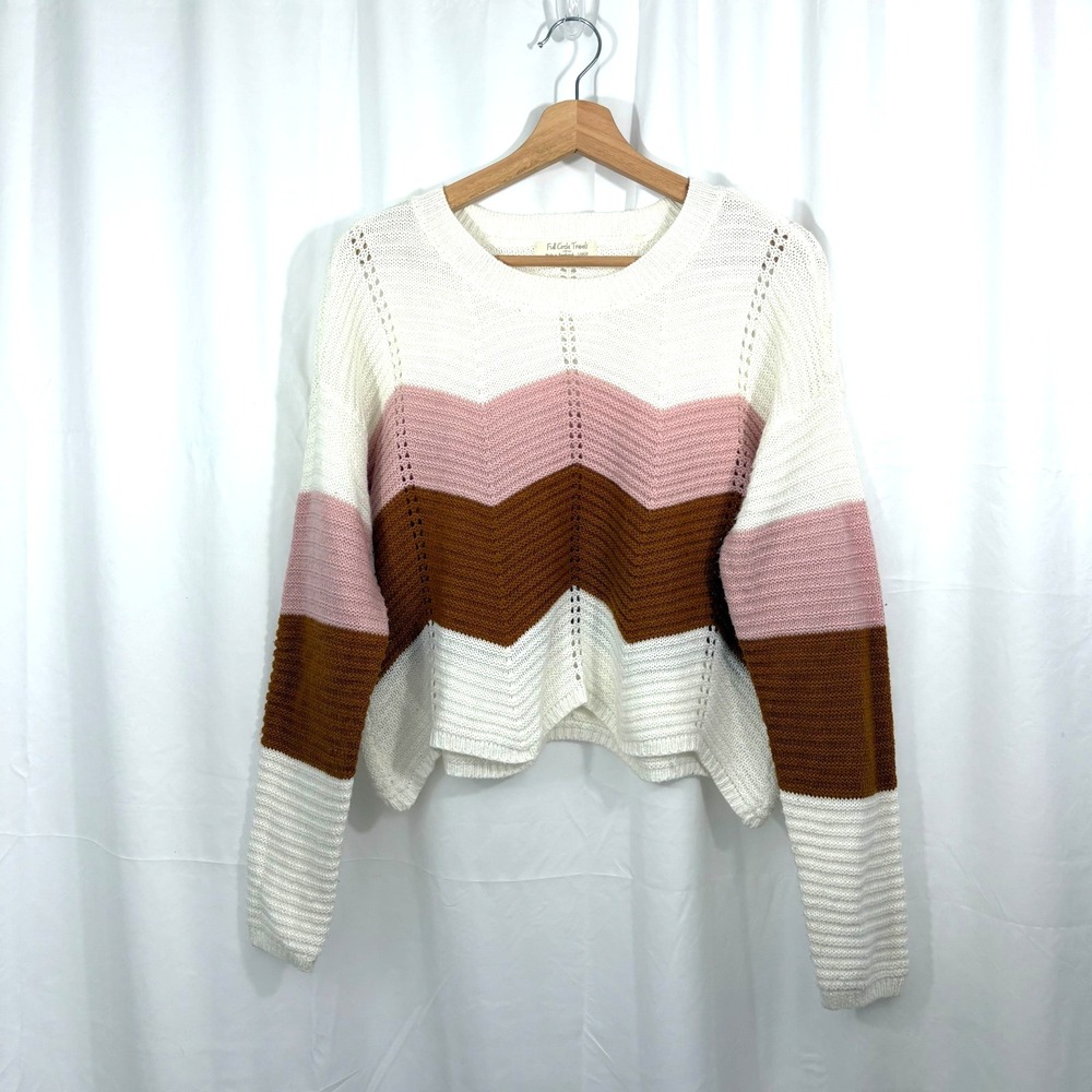Full Circle Trends Chevron Knit Sweater White, Mauve/Pink, Cooper Brown, Size L
